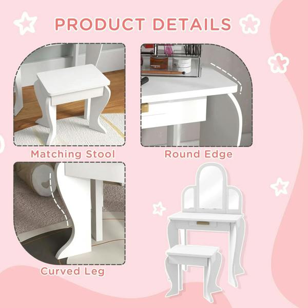 White kids vanity table set with matching stool and rounded edges details