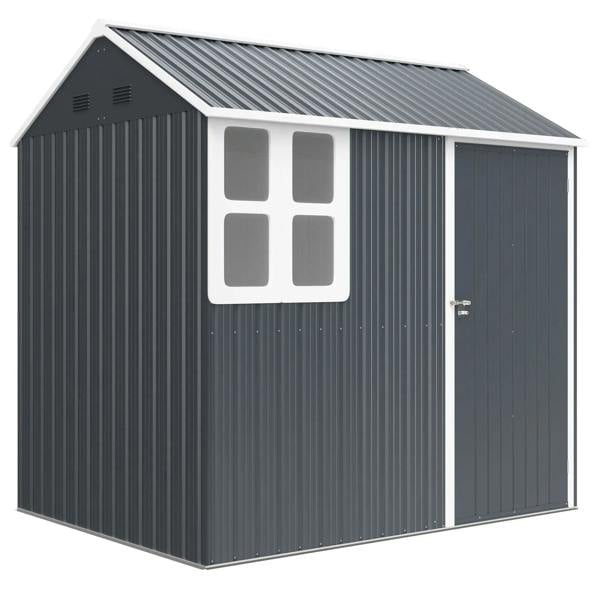 Dark grey galvanised metal garden shed with window panel and front latch door