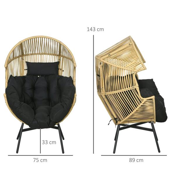 Woven rattan egg chair with black cushion, shown front and side with dimensions