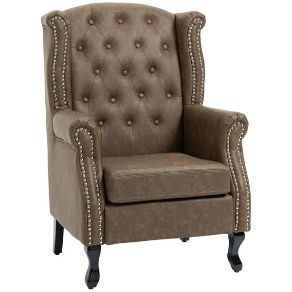 Brown wingback accent chair with tufted back and nailhead trim, rolled arms, cushioned seat