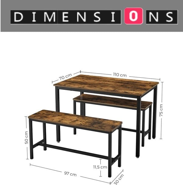 Modcraft 3-Piece Dining Table Set with 2 Benches – Industrial Style Space-Saving Design for 4 People