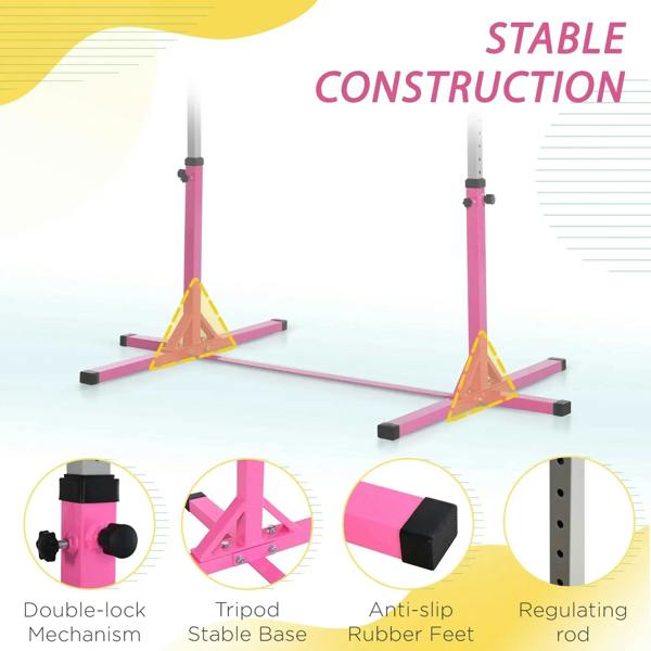 Pink kids gymnastics horizontal bar with stable base and anti-slip rubber feet