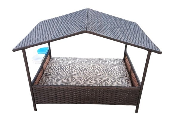 Furniture One Outdoor Rattan Wicker Dog House with Canopy, Outside Dog Shelter with Removable Cushion Lounge, Dog Bowl & Washable Cover