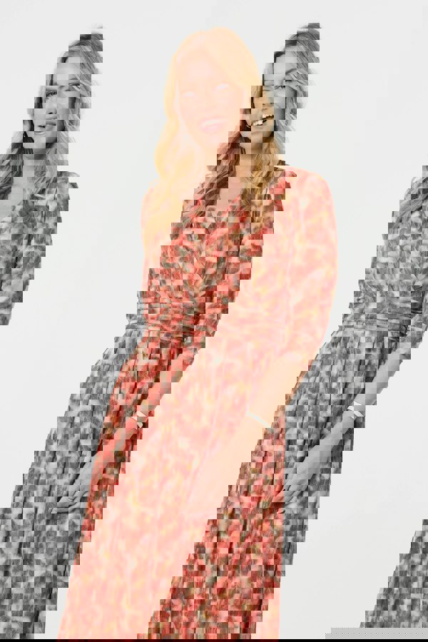 Red | Printed 3/4 Sleeve Midi Faux Wrap Dress
