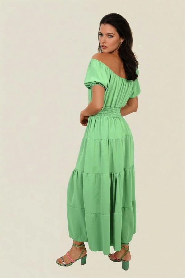 Emmy Smocked Waist Tiered Midi Dress - Green
