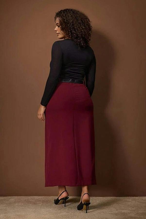 WOVCOR Maxi Woven Plus Size Skirt with Belt and Slit Detail