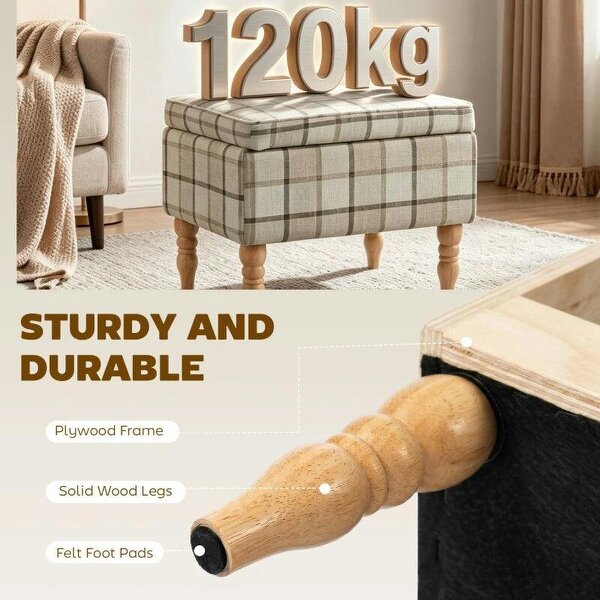 Linen Fabric Upholstered Footstool, Rectangular Storage Stool with Removable Top, Padded Seat and Hidden Space, Brown