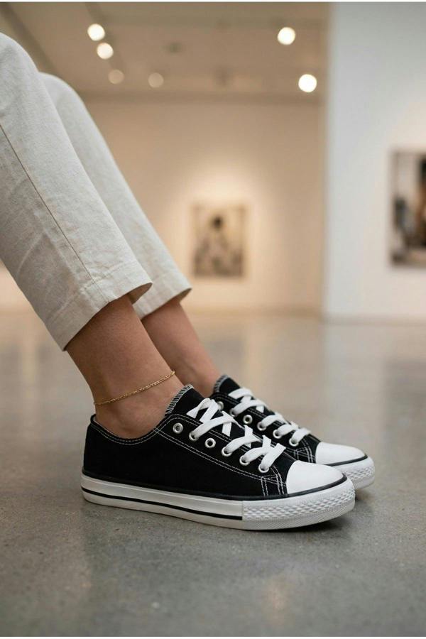 Pearl Canvas Lace Up Low Trainers - Black