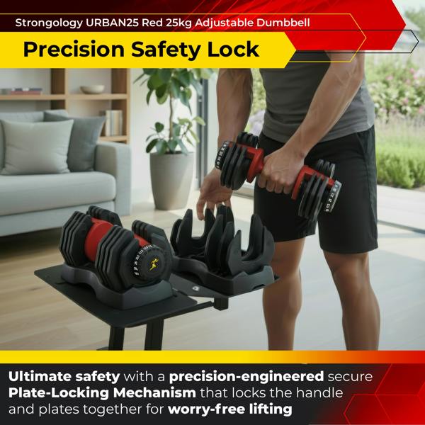 Homeology Urban25 Pair Home Fitness Black Red Adjustable Smart Dumbbells from 2.5kg up to 25kg Training Weights