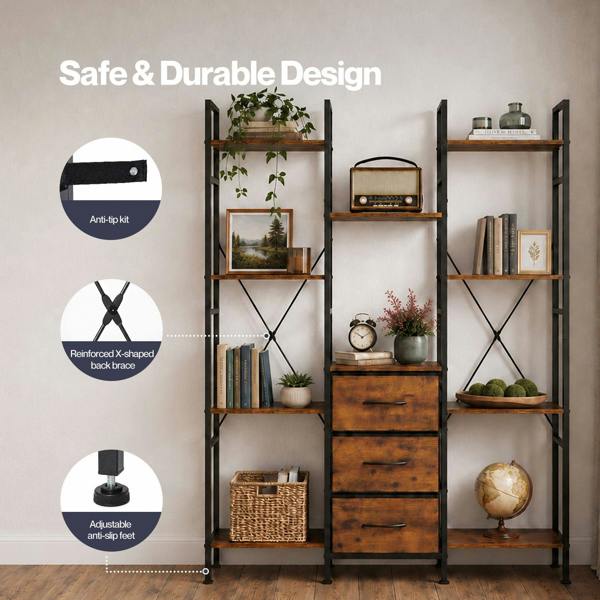 Levede Book Shelves 10 Open 3 Fabric Drawers Tall Storage Unit for Office Brown