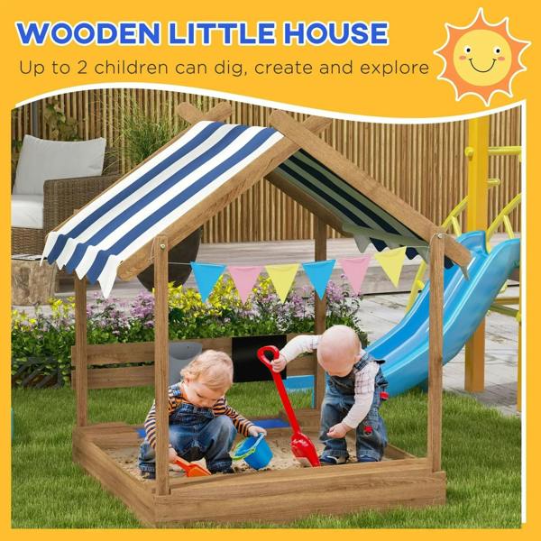 Wooden sandbox playhouse with blue-and-white striped canopy roof and wide wooden base