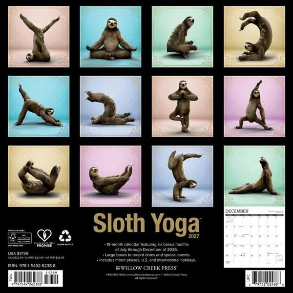 Sloth Yoga Calendar 2027, Wall Calendars, Month To View, Animals, Gift
