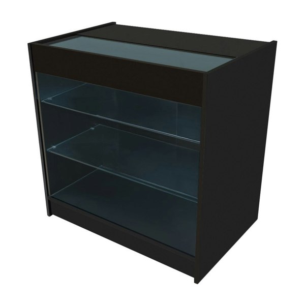 Black LED retail shop counter K900 with glass display top and two spacious shelves for showcasing products in a modern design