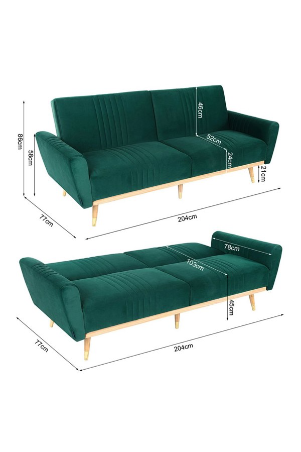 Living and Home Modern Velvet 3 Seater Sofa Bed Recliner Couch with Wood Legs