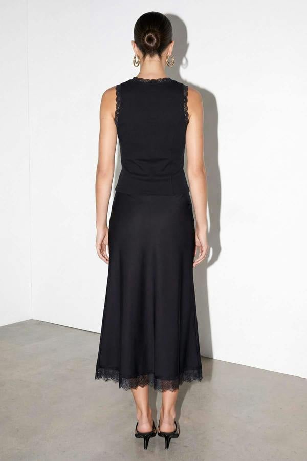 Lace Hem Elasticated Waist Maxi Satin Skirt