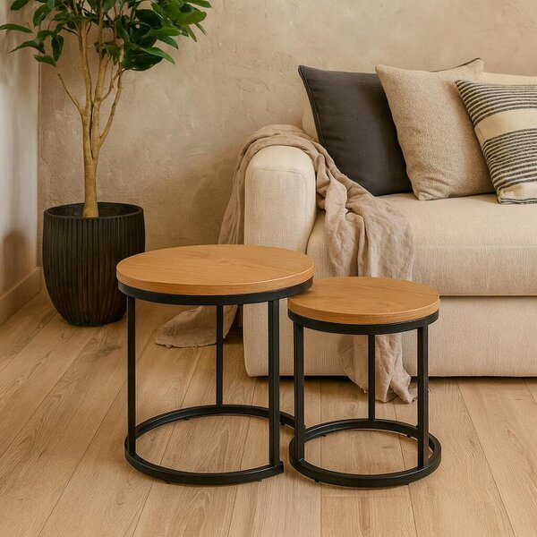 Wyld Haus Odense Wild Oak Effect Nesting Table Set Black Steel Legs