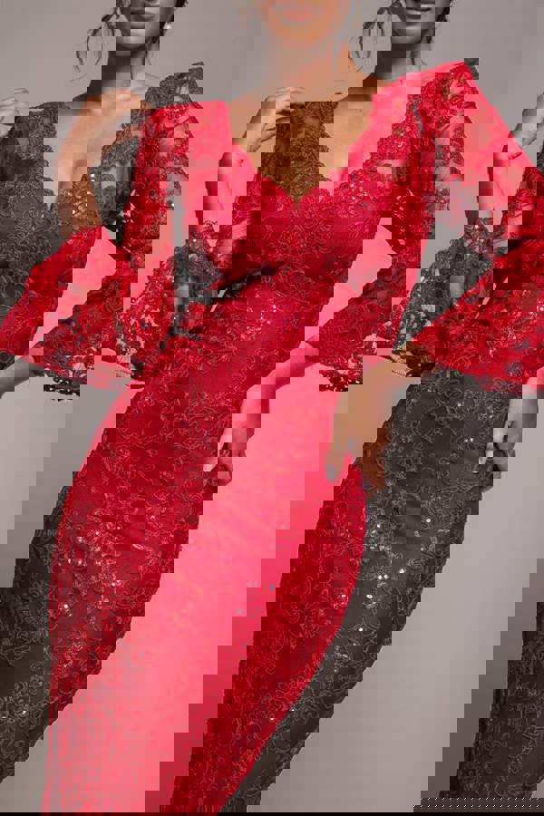 Sequin Scallop Lace Midi Dress - Red DR3960