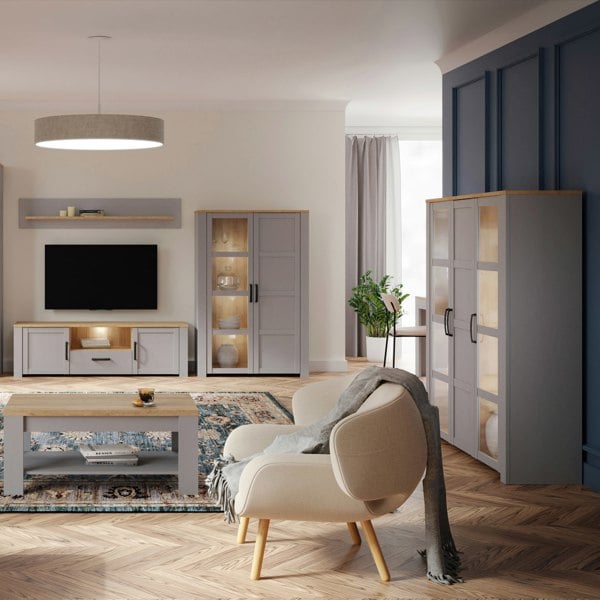 Furniture To Go Bohol Large Display Cabinet inc. 4x LED Lights in Riviera Oak/Grey Oak