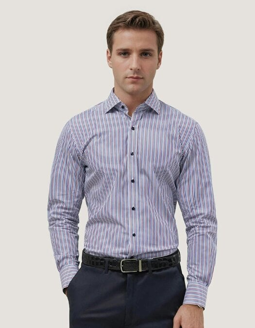 Maroon and White Striped Formal Shirt for Men - Cotton, Smart Casual Style