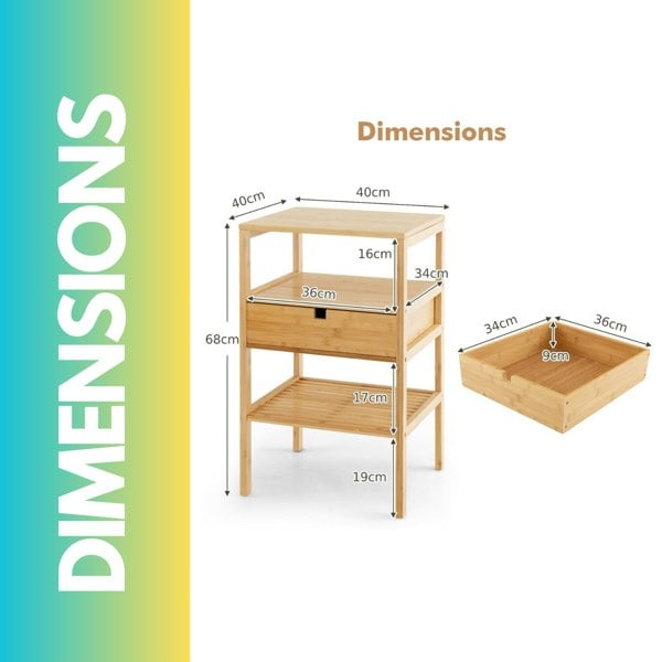 Rafaelo Mobilia Bamboo Bedside Table With Drawer and Shelf Natural Brown