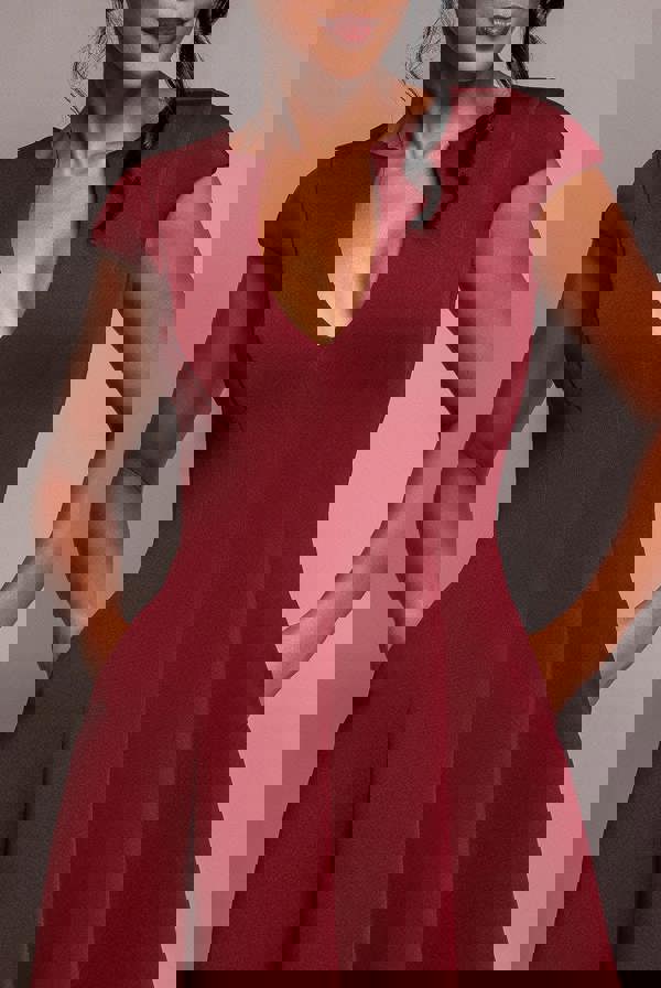 Cap Sleeve Plunging V-Neckline A-line Midi Dress - Wine DR4540