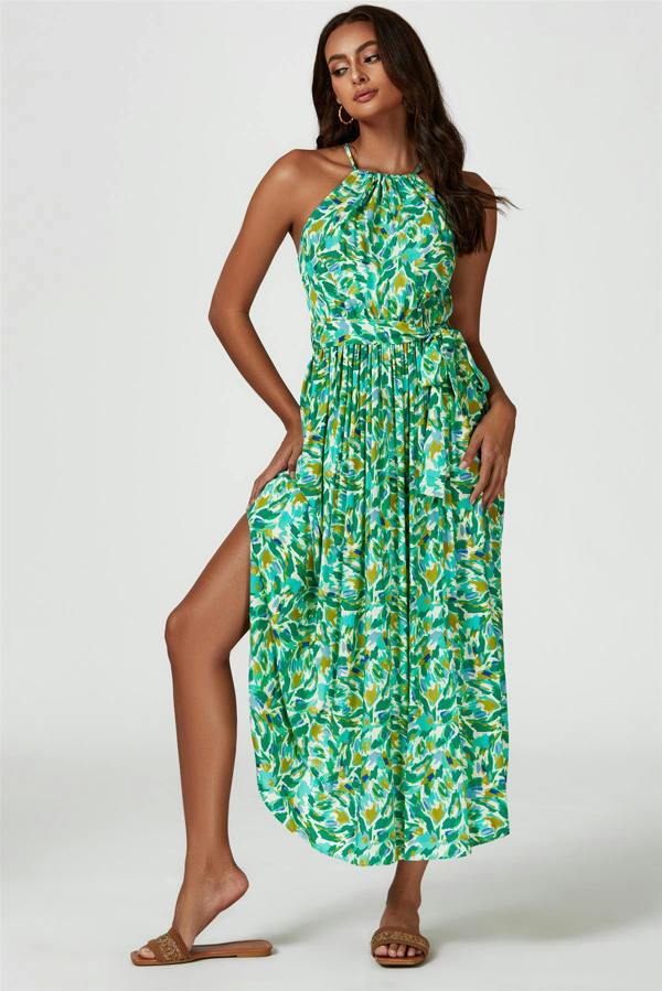 FS Collection Abstract Print Tie Halterneck Maxi Dress In Green