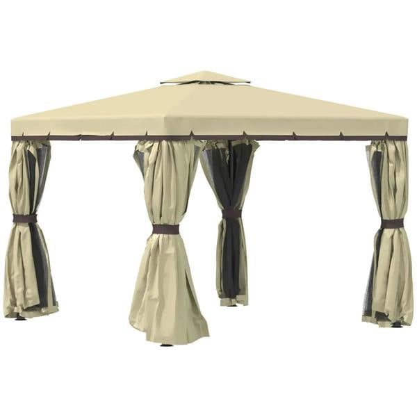 Beige patio gazebo canopy with side curtains, valance top, and tied fabric panels