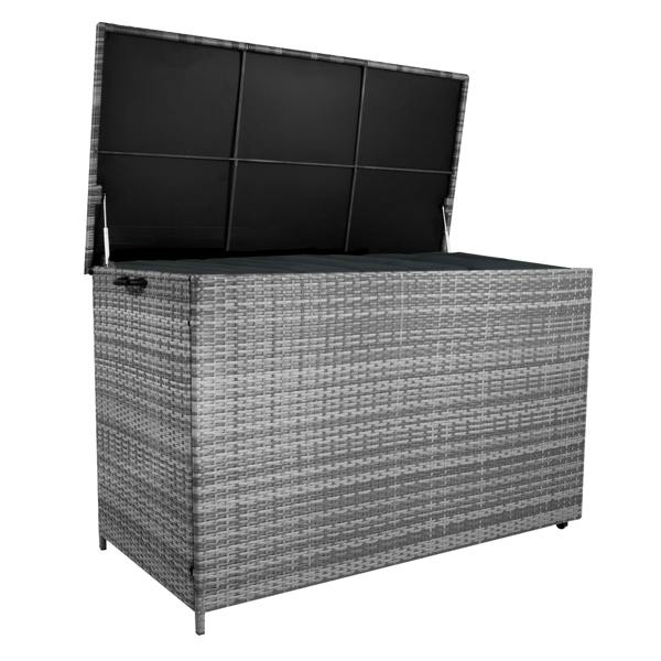Grey rattan cushion storage box with a textured weave, spacious interior, and a hinged lid for easy access and organization