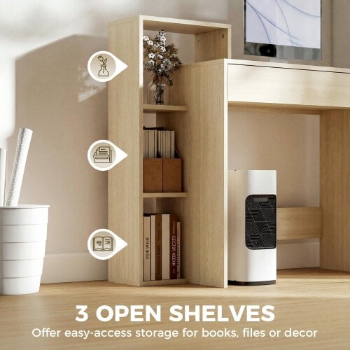 HOMCOM Computer Desk with 3 Open Shelves and Drawer, Natural