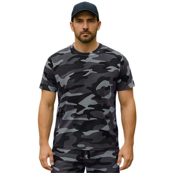Model wearing the Game Camouflage short sleeve t-shirt in midnight camo perfect for night stalking