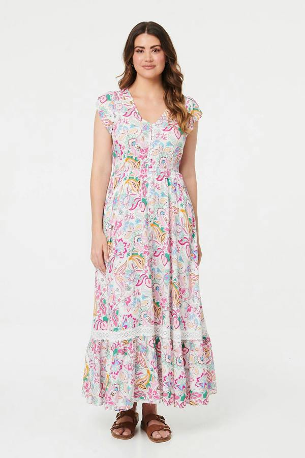 White | Paisley Cap Sleeve Maxi Tiered Dress