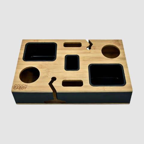 Couch Caddy Tray with Snack Compartments and Glass Holders.
