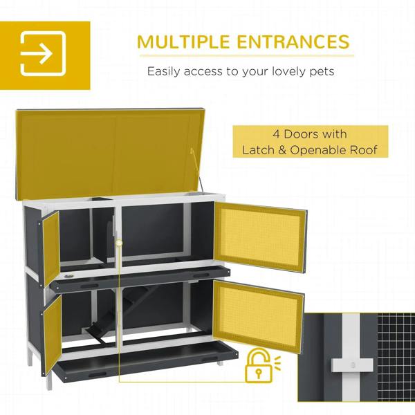 Grey rabbit hutch with multiple entrances and open latched doors for access