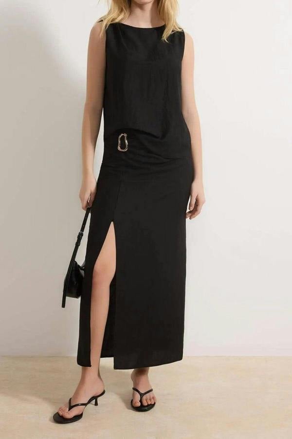 WOVCOR 2-Piece Blouse-Skirt Woven Top and Bottom Set with Accessories and Slit Detail