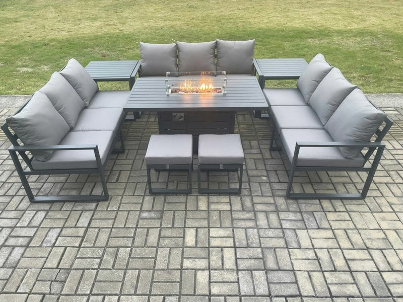 Fimous Aluminium 11 Seater Garden Furniture Outdoor Set Sofa Gas Fire Pit Dining Table Set with 2 Small Footstools 2 Side Tables Dark Grey