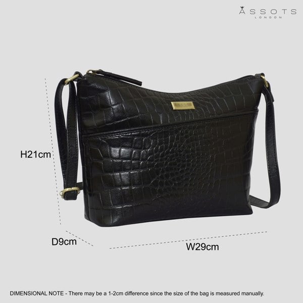 Assots London 'CAROL' Black Croc Real Leather Designer Crossbody Shoulder Bag