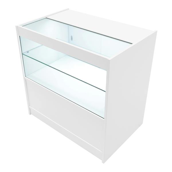 Vega LED shop counter set in sleek white, featuring a glass display top and shelves, perfect for showcasing products in retail spaces