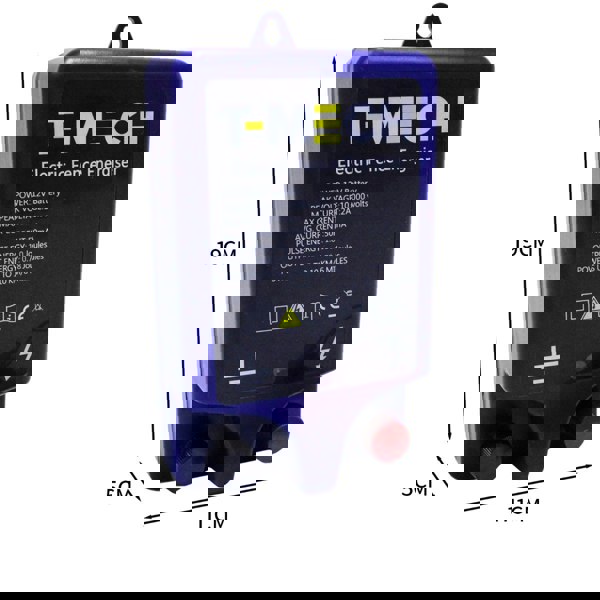 T-Mech Electric Fence Energiser in blue with red and black terminals, dimensions 19cm x 11cm x 5cm, designed for effective livestock protection