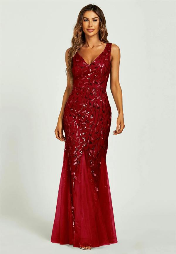 FS Collection Sequin Leaf Detailed V Neck Bridesmaid Maxi Dress In Wine