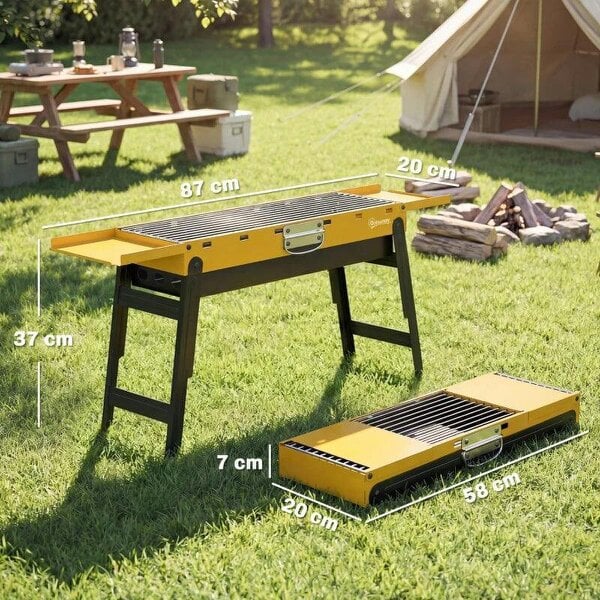Bobobiy Portable BBQ Grill, Foldable Charcoal Grill for Camping and Picnics with 2 Side Shelves and Handle, Yellow