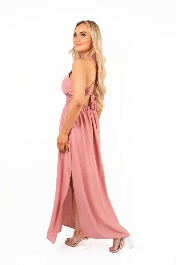 Talina Cross Back Maxi Dress With Ruched Waist - Pink