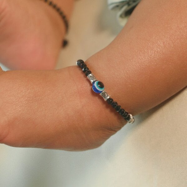 The Colourful Aura Silver Evil Eye Black Beaded Kids Indian Nazaria Bracelet