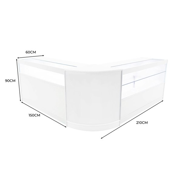 Curved white LED shop counter set featuring sleek glass displays, measuring 150cm by 210cm, ideal for retail environments