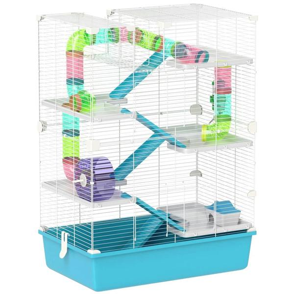 Light blue multi-level small animal cage: white wire, blue tubes, ramps, exercise wheel