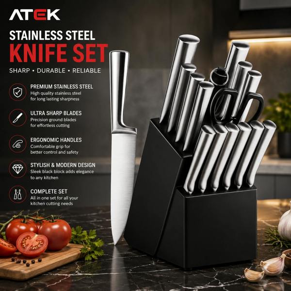 ATEK 16 Piece Kitchen Knife Set Wooden Block Built-In Sharpener