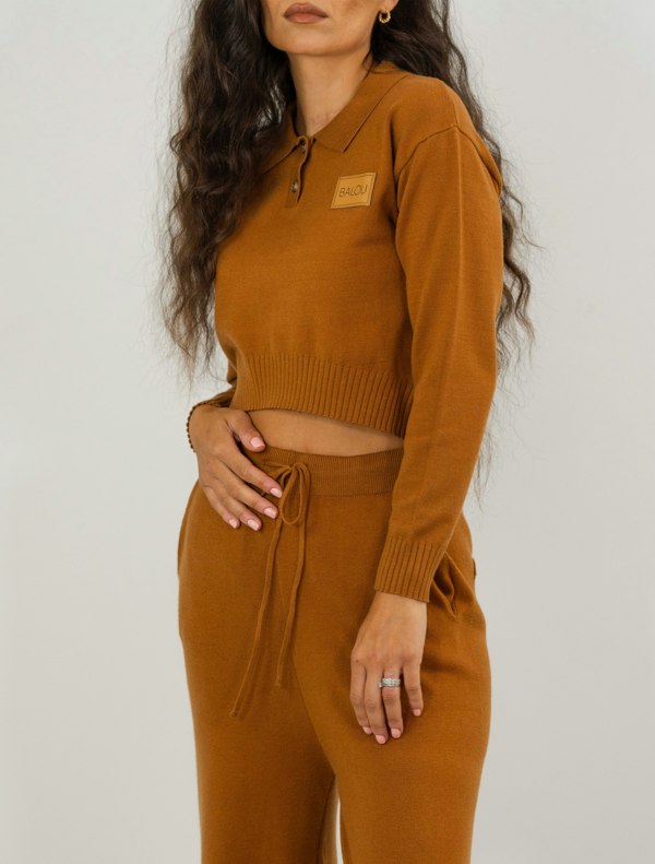 BALOU Knit Polo Crop Top - Brown