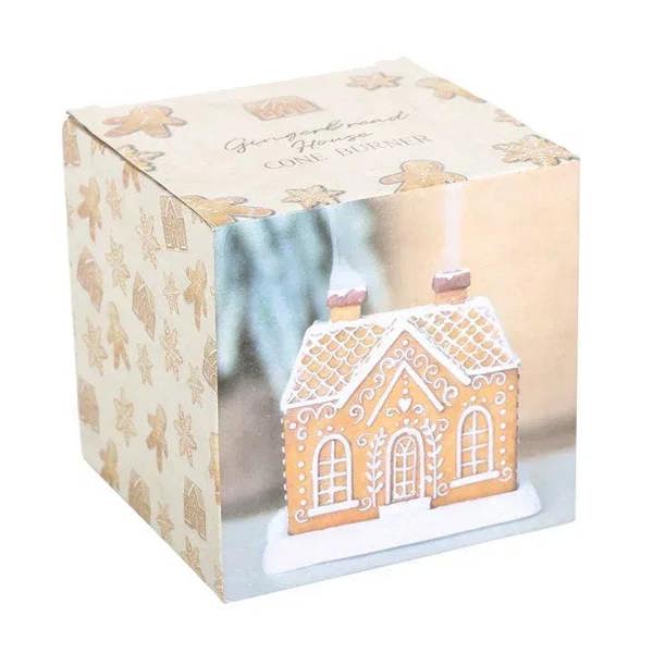 Gingerbread-style incense cone burner in retail box with house-shaped design