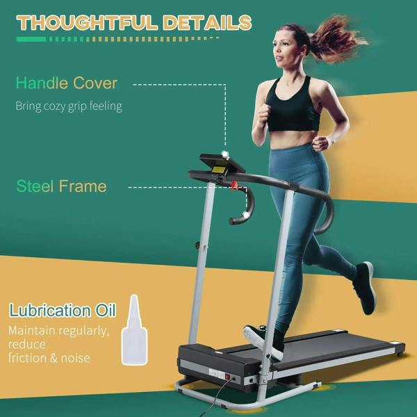 Folding treadmill detail view with handle cover and steel frame, grey deck belt