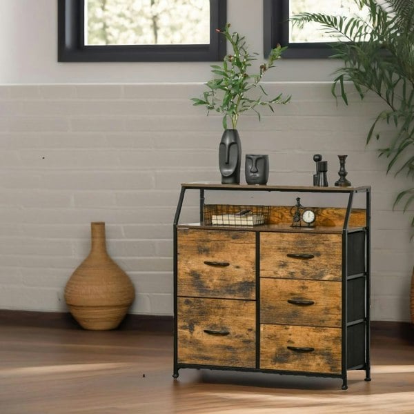 Rafaelo Mobilia Industrial Rustic Brown Chest With 5 Fabric Drawers