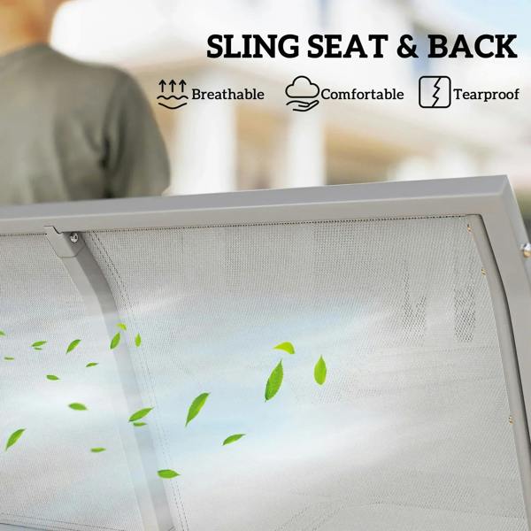 Light grey breathable sling seat and backrest on a 3-seat metal swing bench.